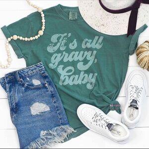 Green Graphic Tee with Denim Skirt